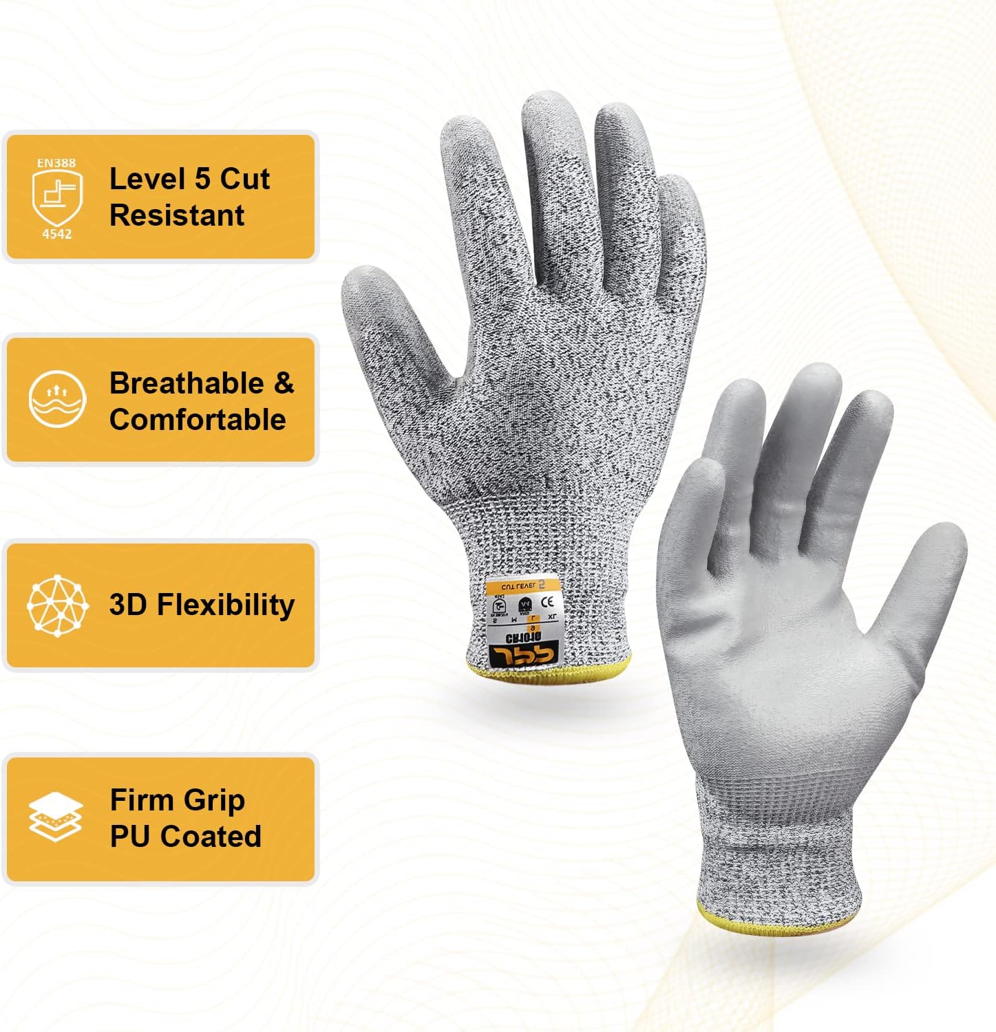 JPP Premium Cut Resistant Gloves, CE Level 5 Protection, PU Coated Cut  Proof Work Gloves with Firm Grip, Breathable and Lightweight, 3D Comfort  Fit